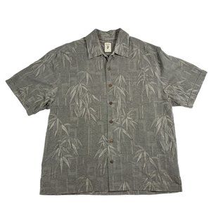 Jamaica Jaxx 100% Silk Short Sleeve Button Up Shirt L Men Gray Brown Palm Leaves